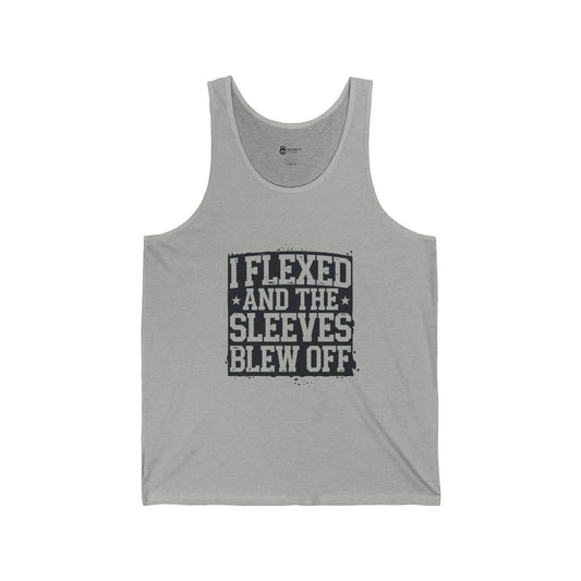 Unisex Jersey Tank - I Flexed and the Sleeves Blew Off, Gym Apparel, Fitness Gift, Workout Clothing, Summer Tank Top, Motivational Wear